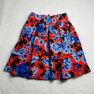 HD In Paris Anthropologie Red Blue Floral Tiered Festive Fit & Flare Skirt XS